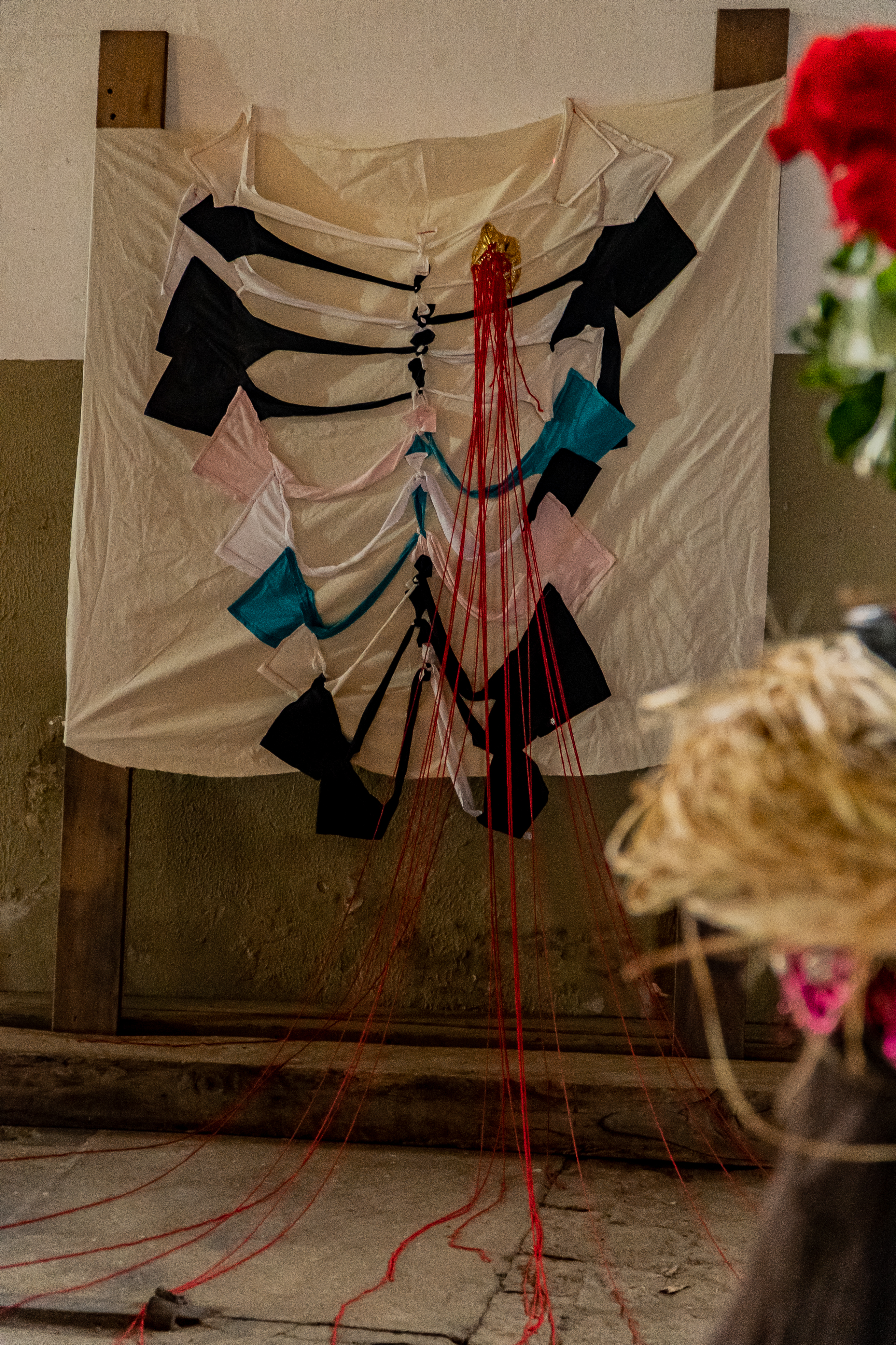 Fotografia de uma instalação. Um tecido branco está esticado  em uma parede. Sobre ele, tiras de tecidos em  branco, preto, rosa e azul estão presas de forma simétrica, por uma linha vertical ao centro do pano branco. Do lado direito, um contorno de brasão dourado. Dele, partem linhas vermelhas, que descem até o chão.